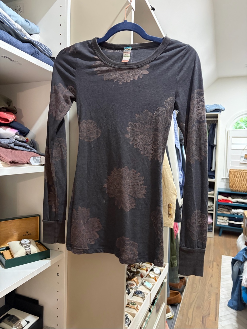 Free People Charcoal Gray Floral Long Sleeve Top